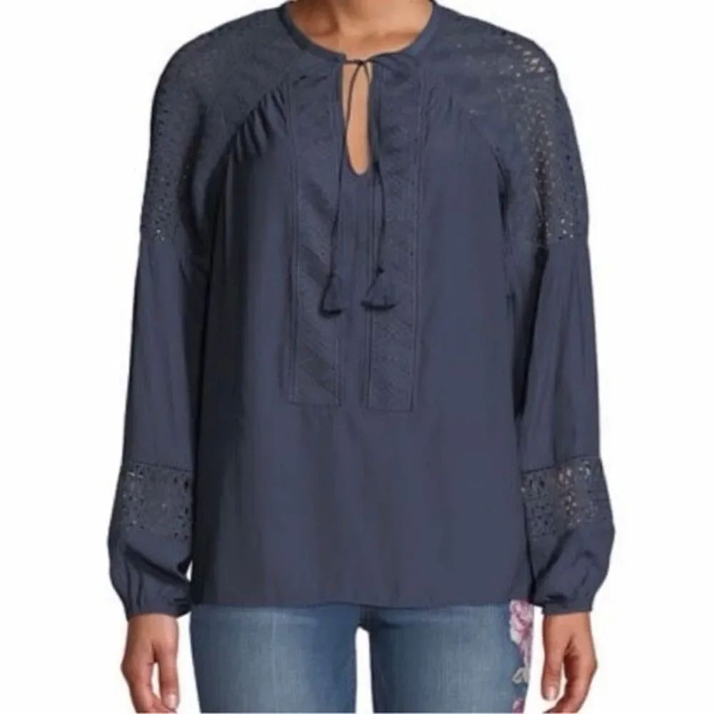 Ramy Brook Winnie Peasant Crochet Blouse in Navy Blue Small